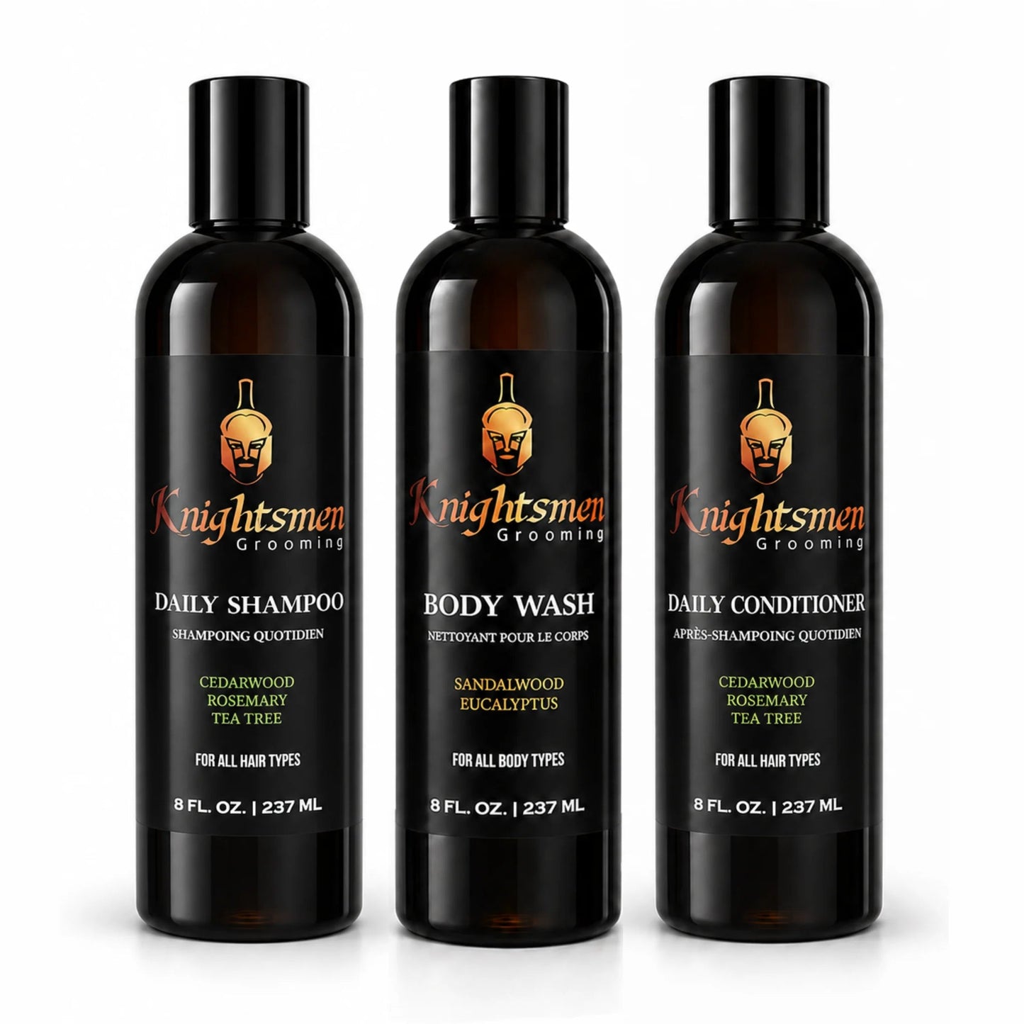 Knightsmen Grooming Rosemary Shampoo and Conditioner Bundle with Organic Body Wash – Natural Hair Growth and Body Care Set for Men