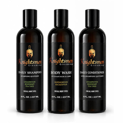Knightsmen Grooming Rosemary Shampoo and Conditioner Bundle with Organic Body Wash – Natural Hair Growth and Body Care Set for Men
