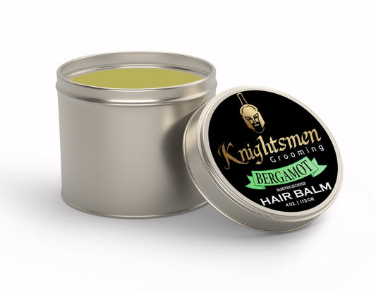 Bergamot hair balm 4 oz—barber-size tin for daily natural styling.