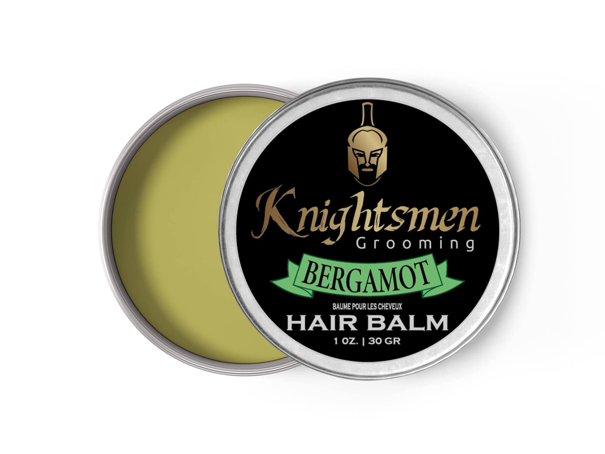 Bergamot hair balm open tin—smooth, non-sticky texture for everyday styling.