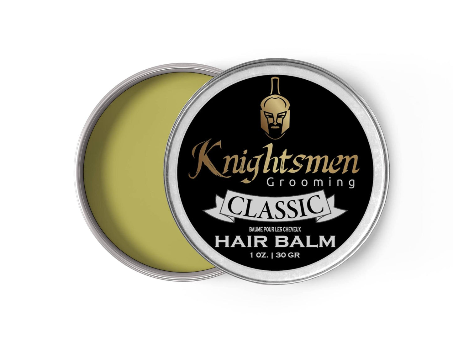 Unscented hair balm open tin—lightweight, non-greasy finish for smooth, soft hair.