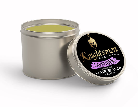 Lavender hair balm 4 oz—barber-size tin, relaxing aroma for daily styling.
