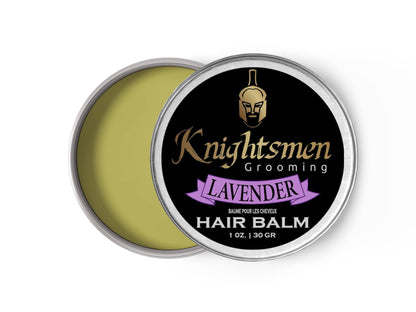 Lavender hair balm open tin—silky texture for smooth, frizz-free finish.