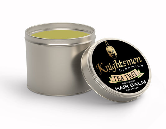Tea Tree hair balm 4 oz—barber-size; refreshing scalp care and flexible styling.