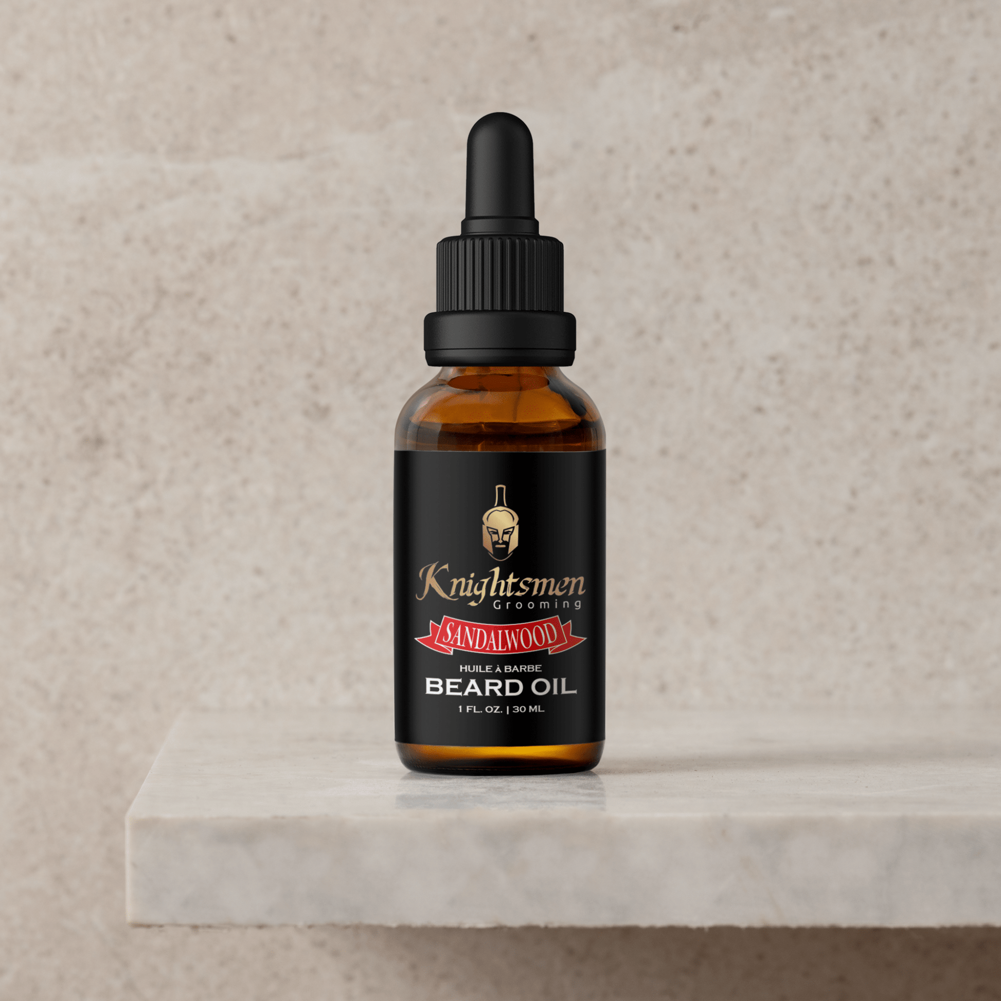 Sandalwood organic beard oil bottle on stone pedestal. Sandalwood beard oil for growth, beard oil for patchy beards
