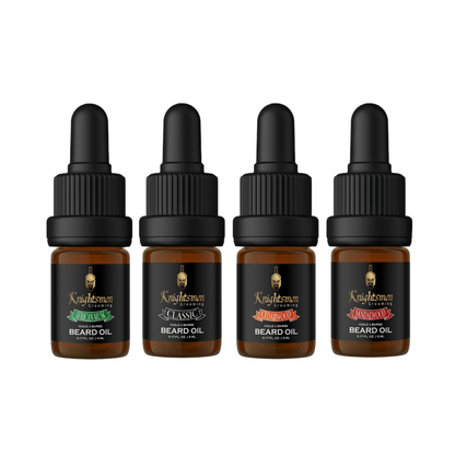 Four 5 ml beard oils with caps on stone pedestal—travel size gift set, African Musk, Classic, Cedarwood, Sandalwood.