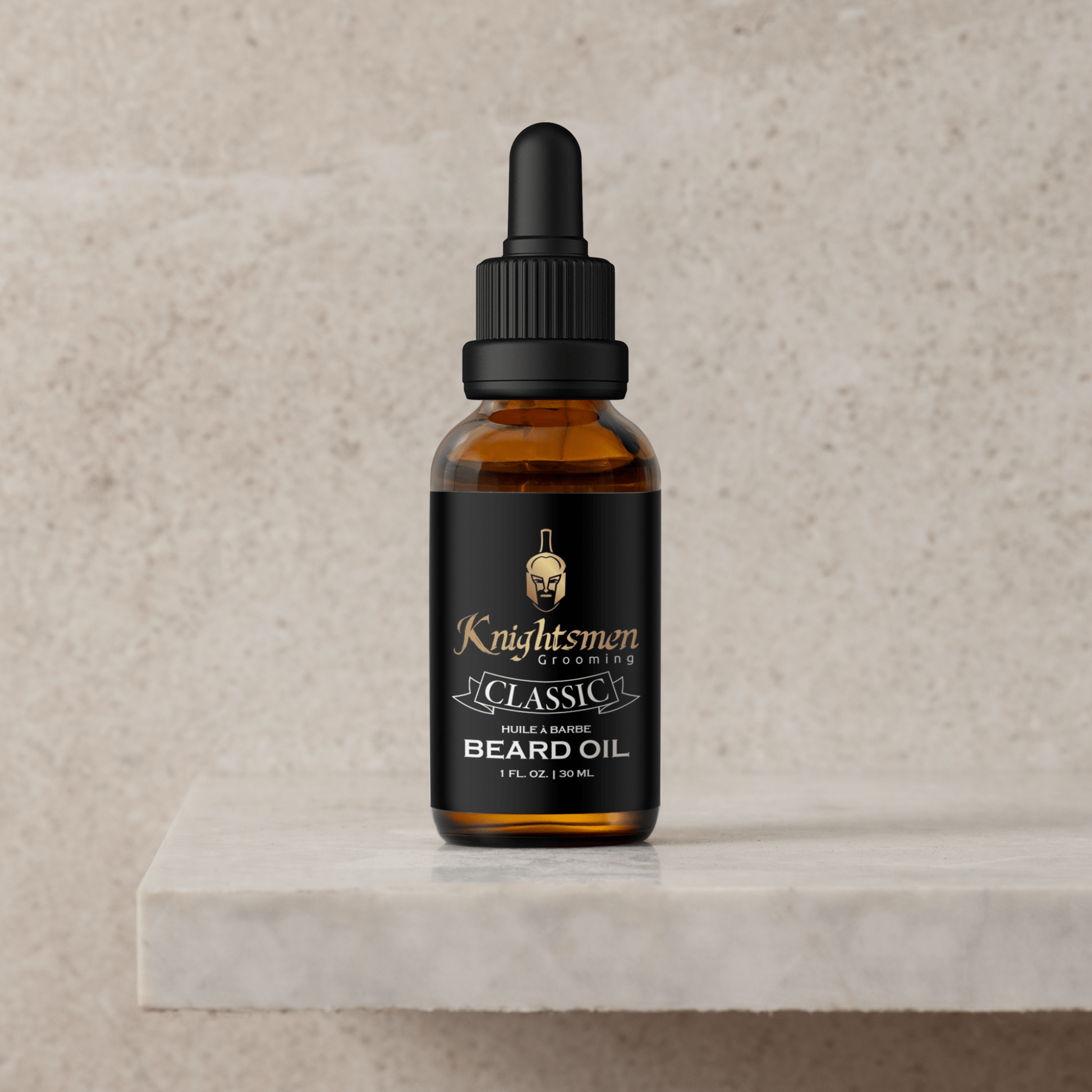 Classic organic beard oil bottle on stone pedestal.