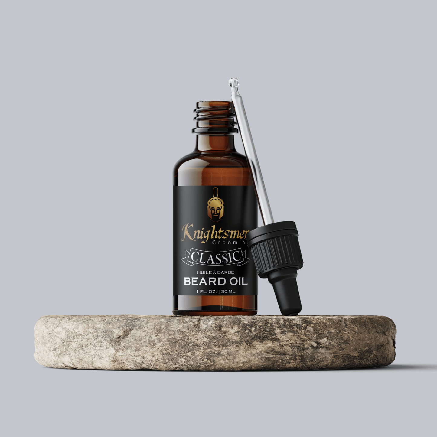 Alt: Open Classic beard oil with glass dropper—non-greasy finish. Stylish premium beard oil for big beards.