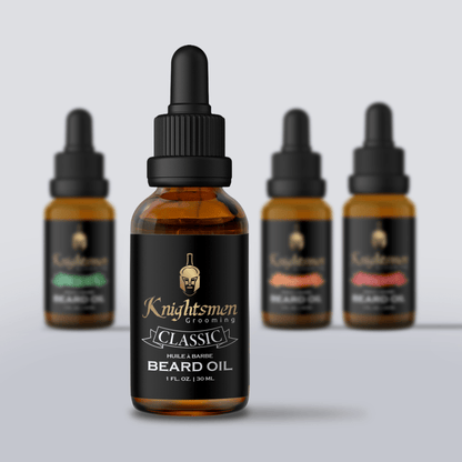 Knightsmen Grooming organic beard oil lineup—Classic, Cedarwood, Sandalwood, African Musk scented beard oils. Organic beard oil for beard growth. 