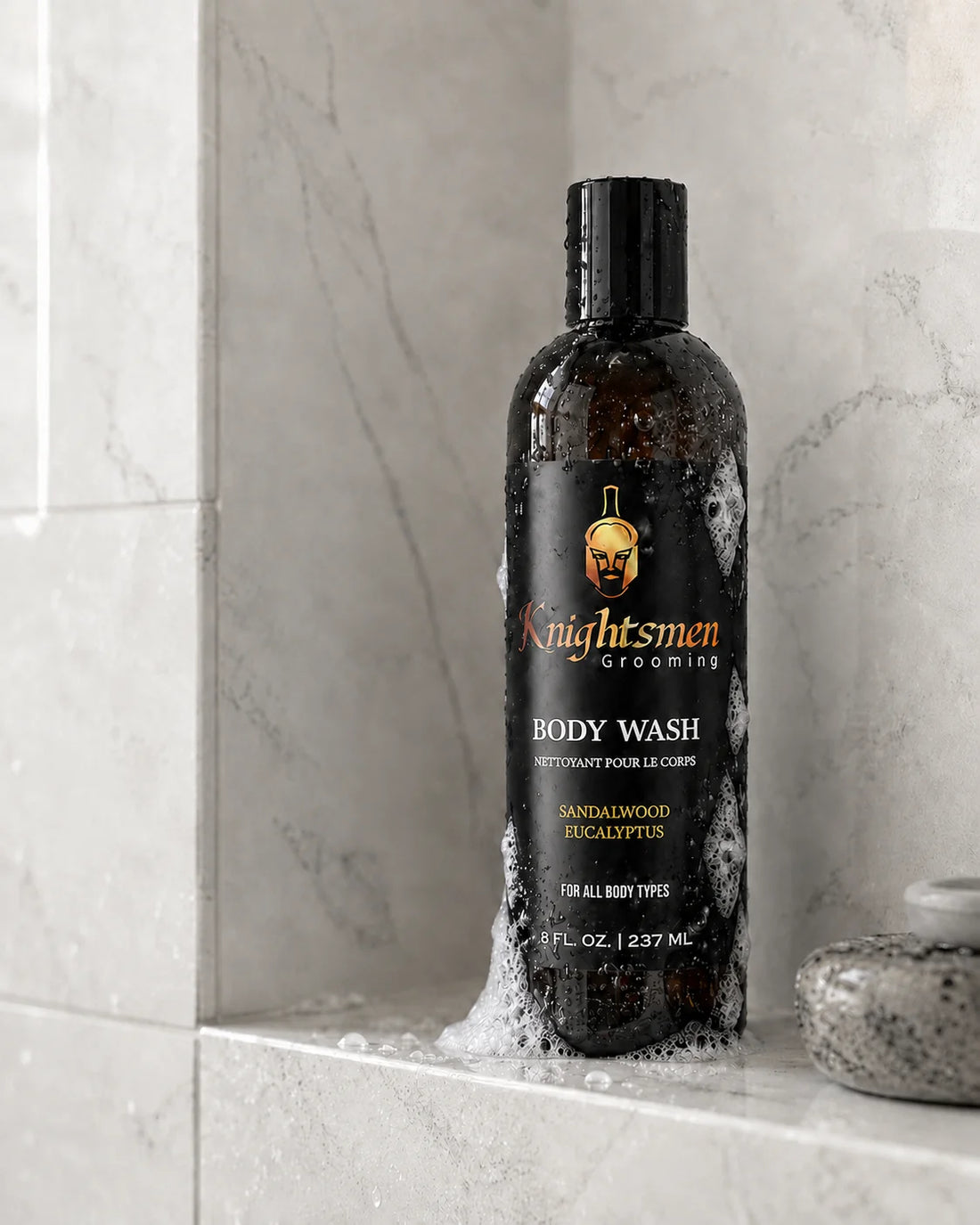 Knightsmen Organic Body Wash 8oz front label – coconut, sandalwood and eucalyptus scent, gentle cleansing and moisturizing formula for men