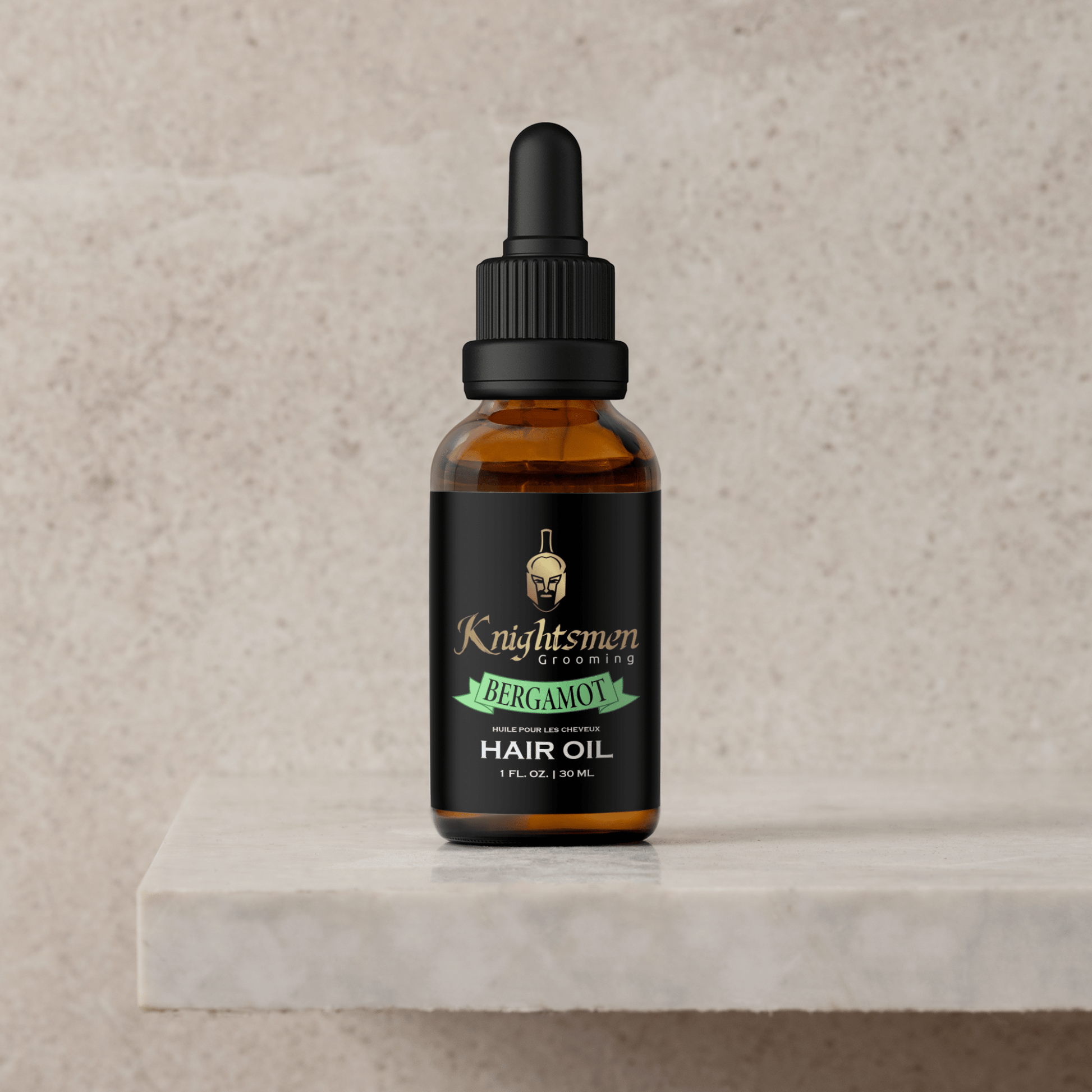 bergamot organic hair oil 30 ml bottle on stone pedestal. Hair oil for growth, best hair oil for hair growth, made in Canada.
