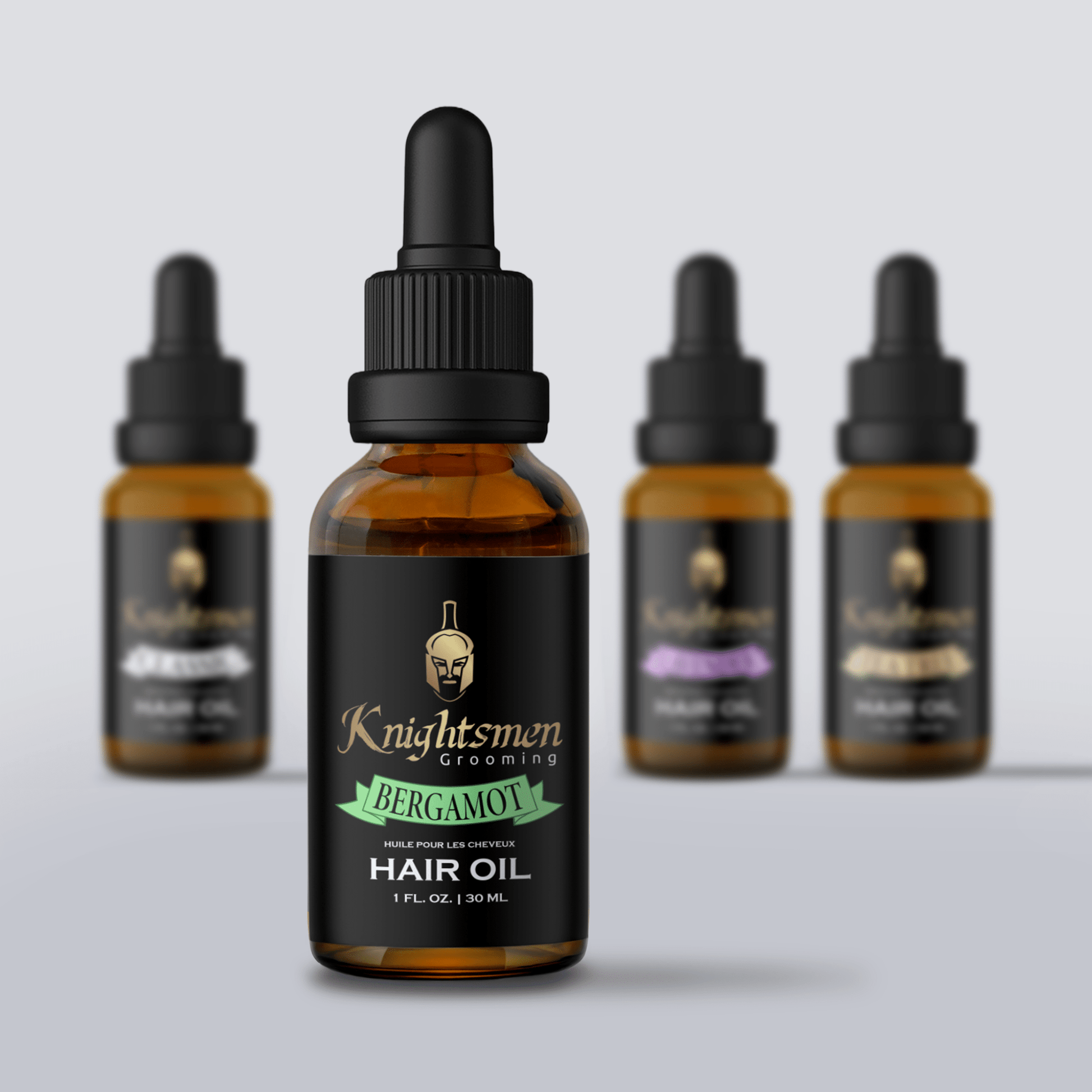 Knightsmen organic hair oil lineup—Classic hair oil , Lavender hair oil , Tea Tree hair oil , Bergamot hair oil .
