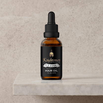 Classic organic hair oil 30 ml bottle on stone pedestal. Hair oil for growth, best hair oil for hair growth, made in Canada.