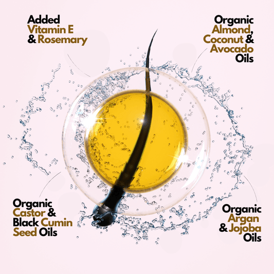 Organic hair growth formula—almond oil, coconut oil, avocado oil, castor oil, argan oil, jojoba oil with vitamin E and rosemary oil. Hair growth kits, hair growth bundles, hair care kits, hair care bundles, hair growth formula

