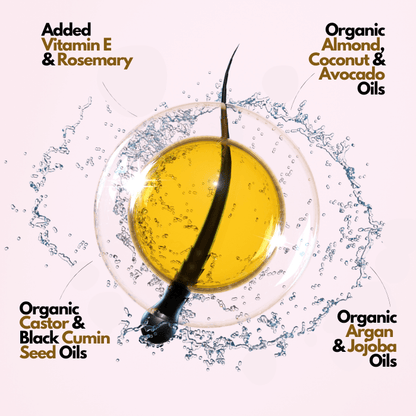 Organic hair growth formula—almond oil, coconut oil, avocado oil, castor oil, argan oil, jojoba oil with vitamin E and rosemary oil.