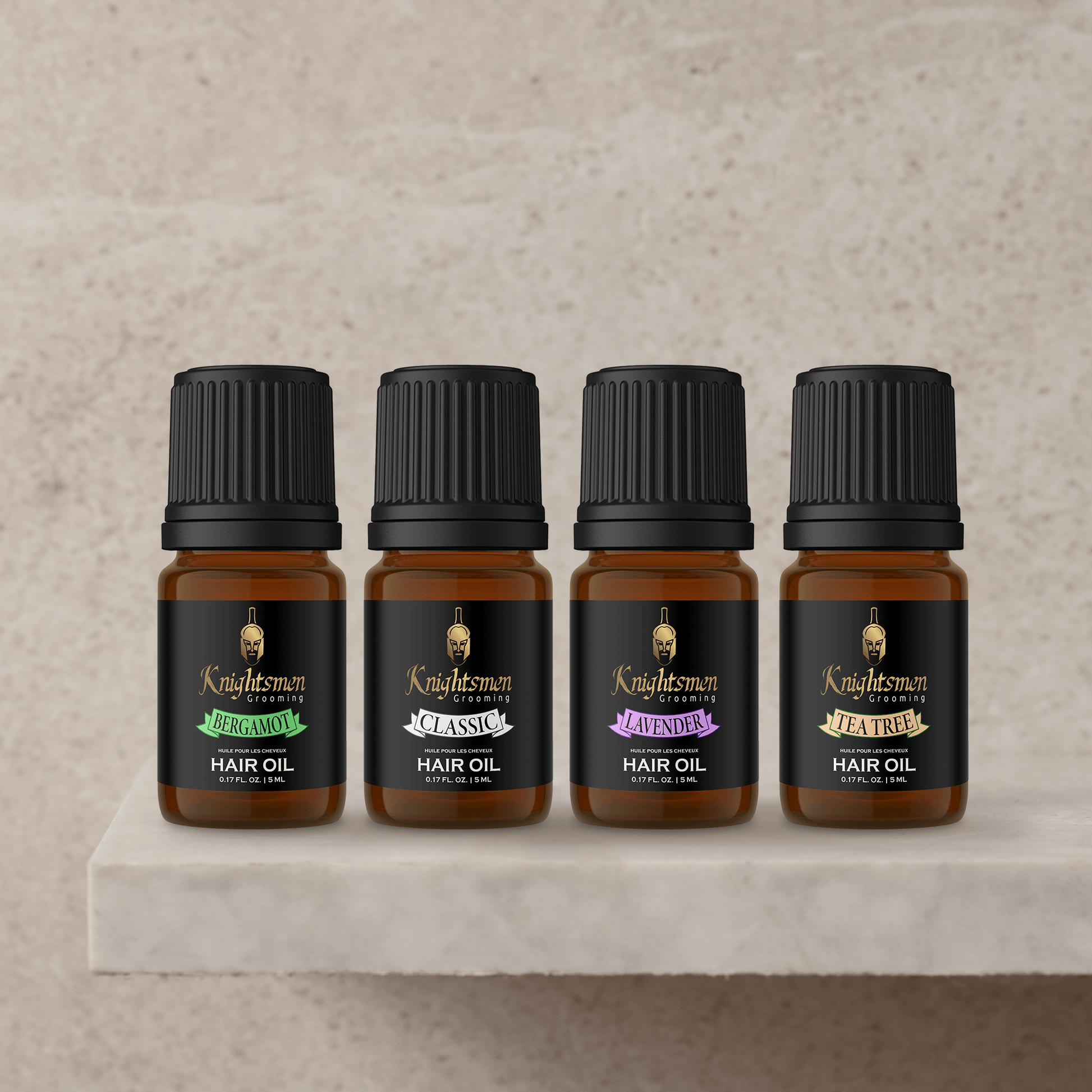 Knightsmen Classic organic hair oil, unscented, 5 ml cap bottle on color.