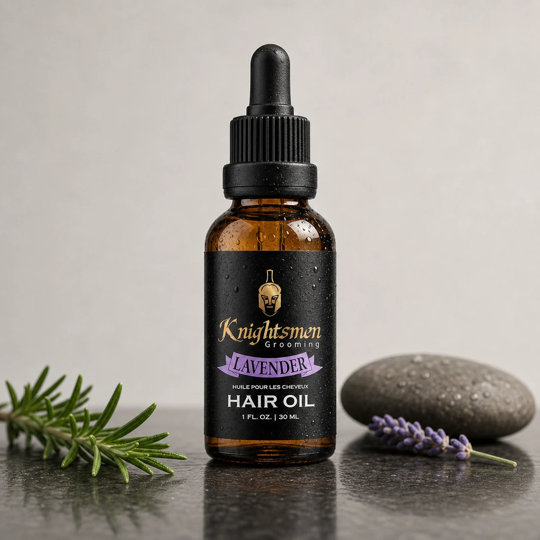 Knightsmen Lavender Hair Oil lifestyle shot — premium organic hair care for men, reduces hair thinning