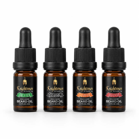 Knightsmen Grooming Organic Beard Oil Bundle – Four Scents in 5ml Travel Tins: African Musk, Cedarwood, Sandalwood, Classic