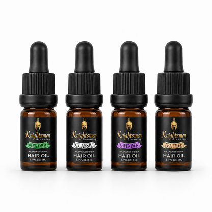 Knightsmen Grooming Organic Hair Oil Bundle – Four Scents in 5ml Travel Tins: Bergamot, Lavender, Tea Tree, Classic