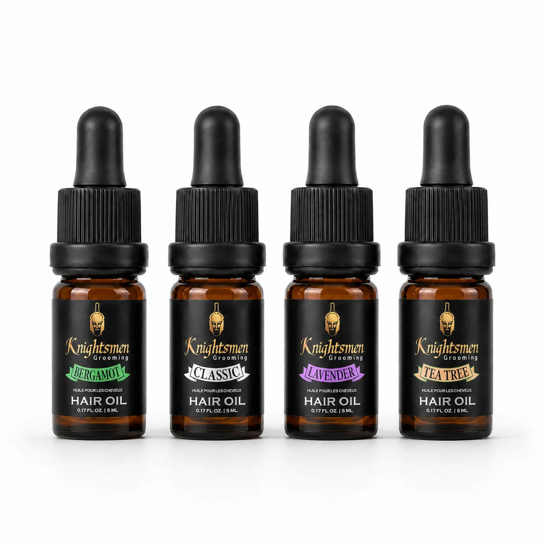 Knightsmen Grooming Organic Hair Oil Bundle – Four Scents in 5ml Travel Tins: Bergamot, Lavender, Tea Tree, Classic