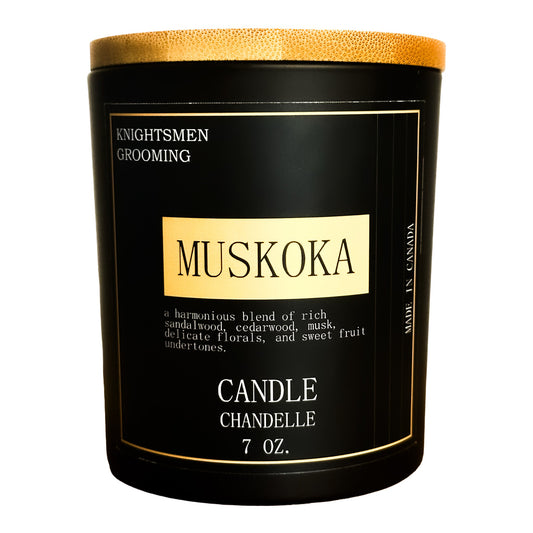 Muskoka hand-poured luxury soy candle by Knightsmen Grooming in black matte jar
