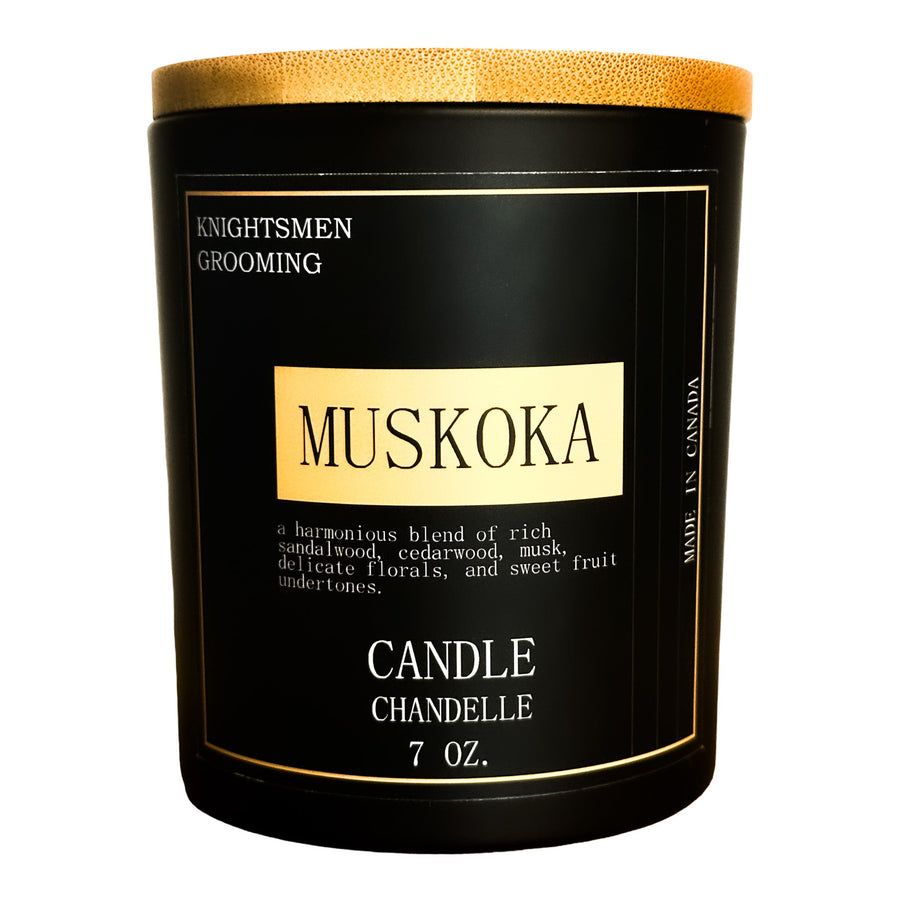 Muskoka hand-poured luxury soy candle by Knightsmen Grooming in black matte jar
