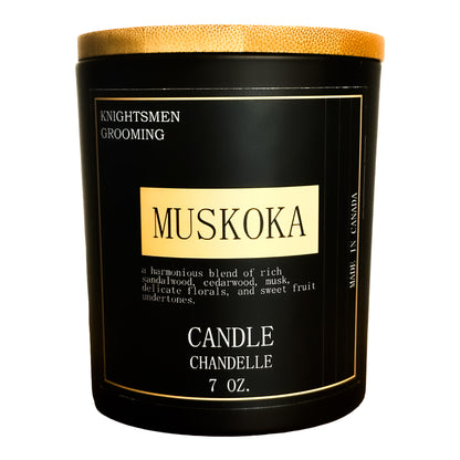 Muskoka scent pyramid featuring amber, patchouli, saffron, cashmere and rosewood base.