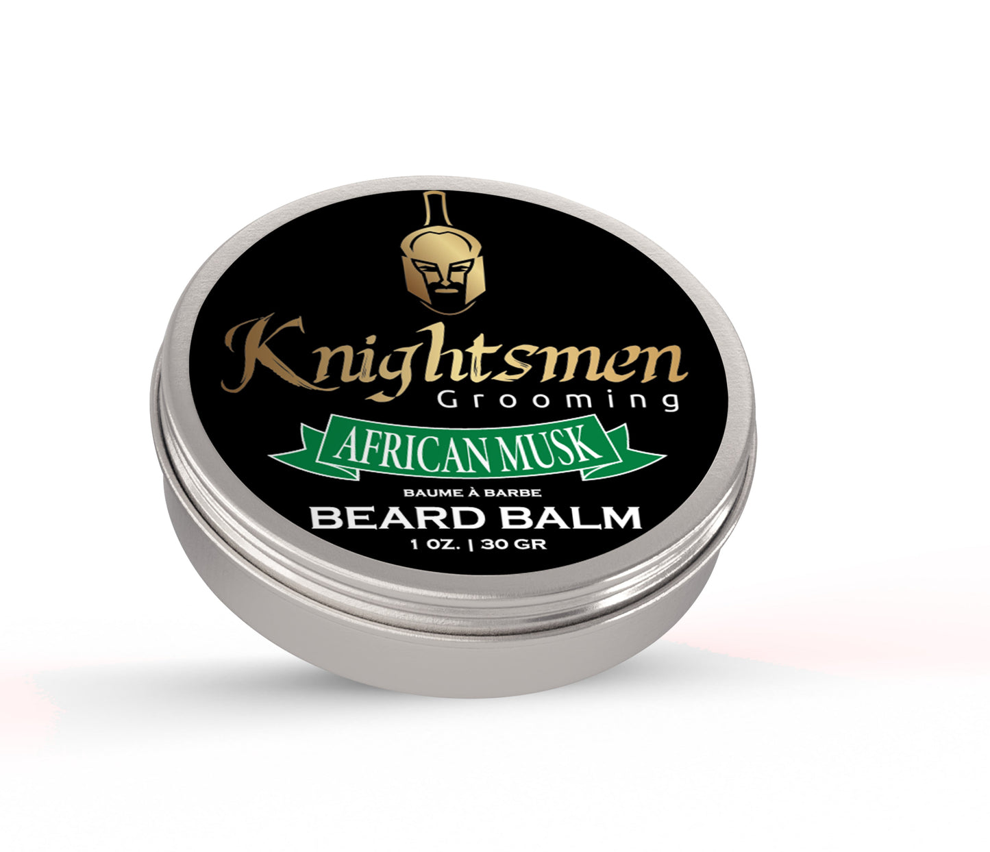 Organic African Musk beard balm in closed 1 oz tin by Knightsmen Grooming