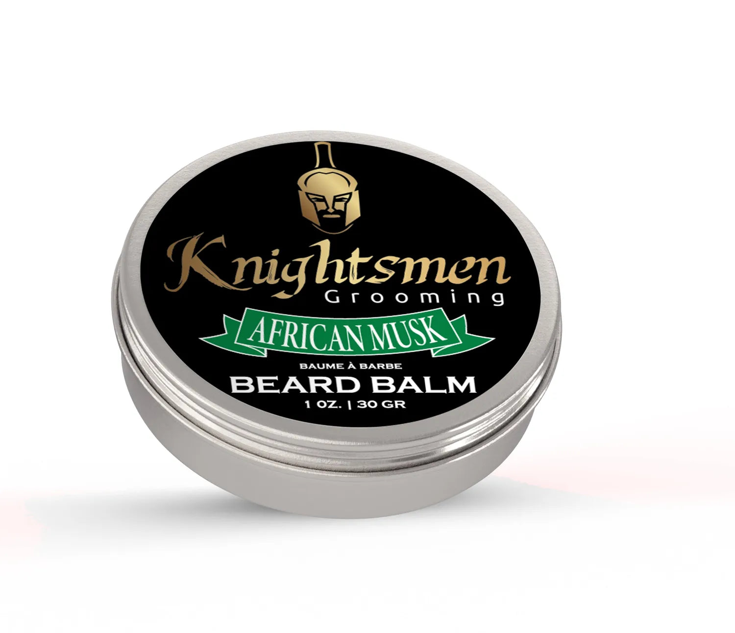Organic African Musk beard balm in closed 1 oz tin by Knightsmen Grooming