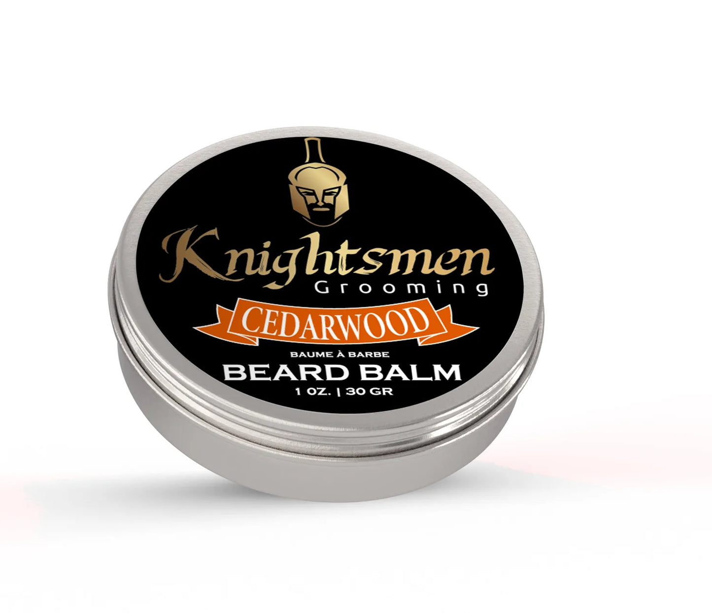 Organic Cedarwood beard balm in closed 1 oz tin by Knightsmen Grooming
