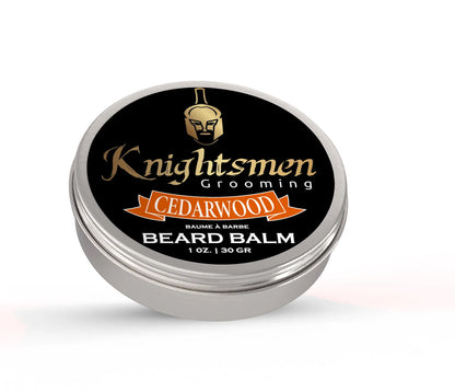 Organic Cedarwood beard balm in closed 1 oz tin by Knightsmen Grooming