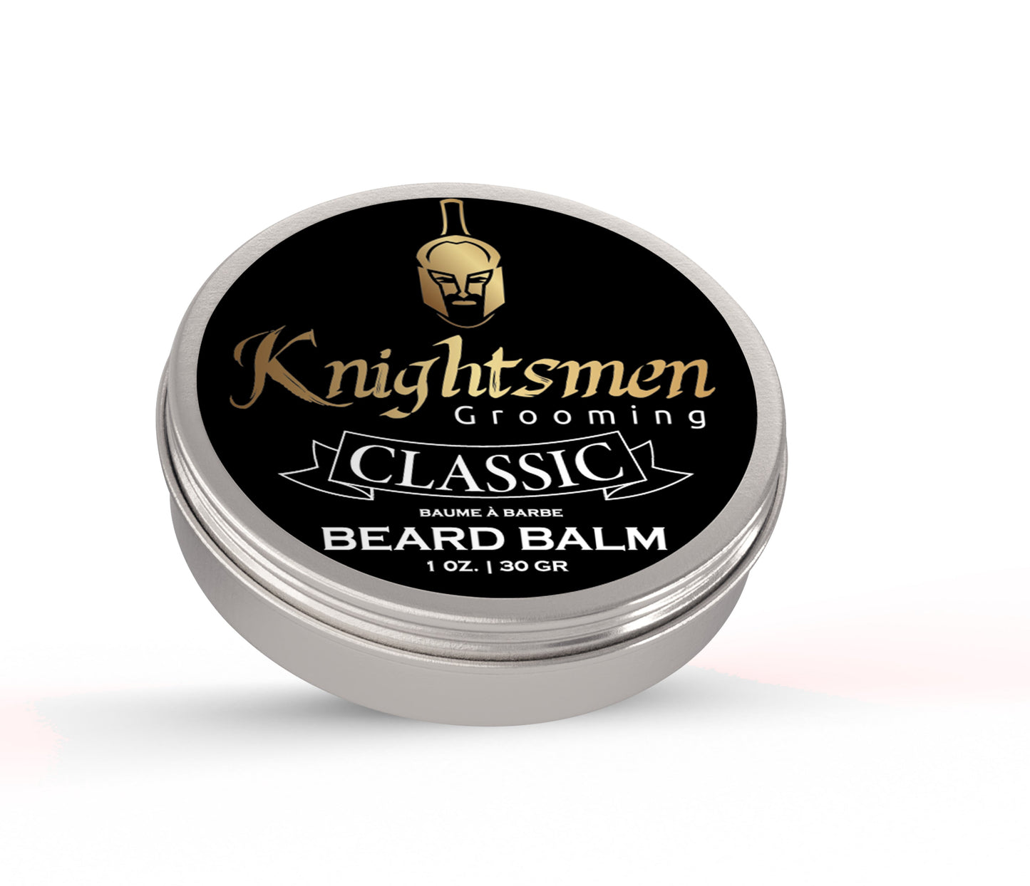 Unscented organic beard balm in closed 1 oz tin by Knightsmen Grooming