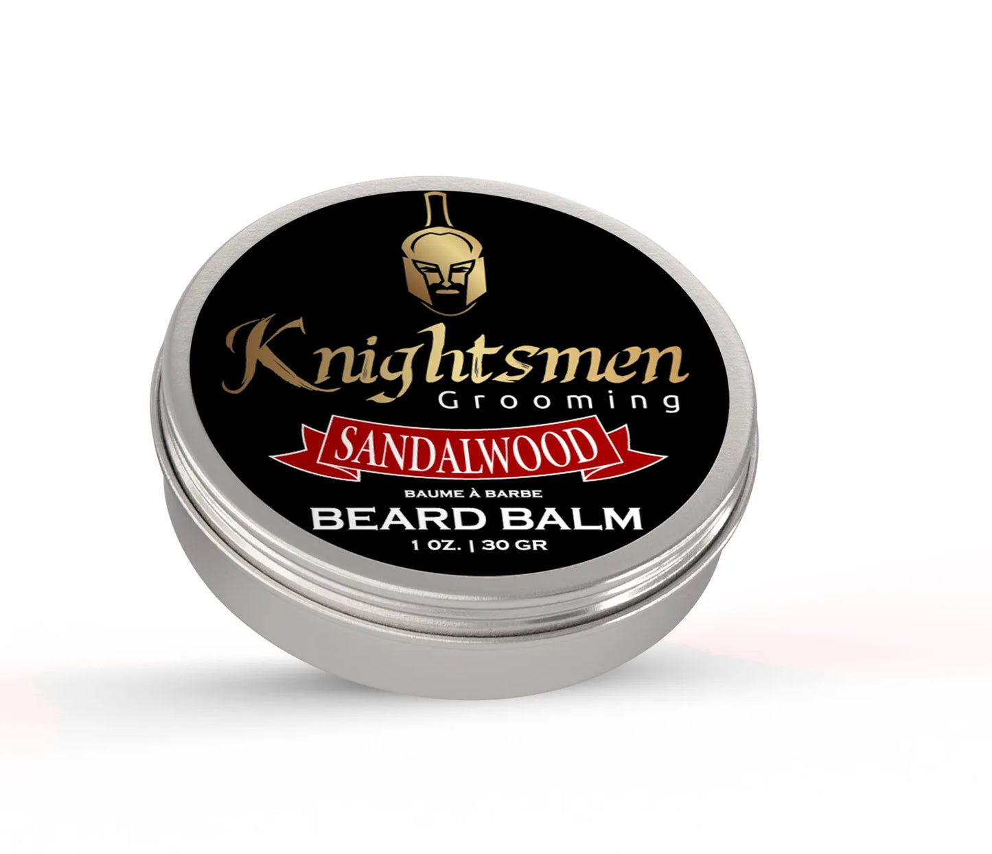 Organic Sandalwood beard balm in closed 1 oz tin by Knightsmen Grooming