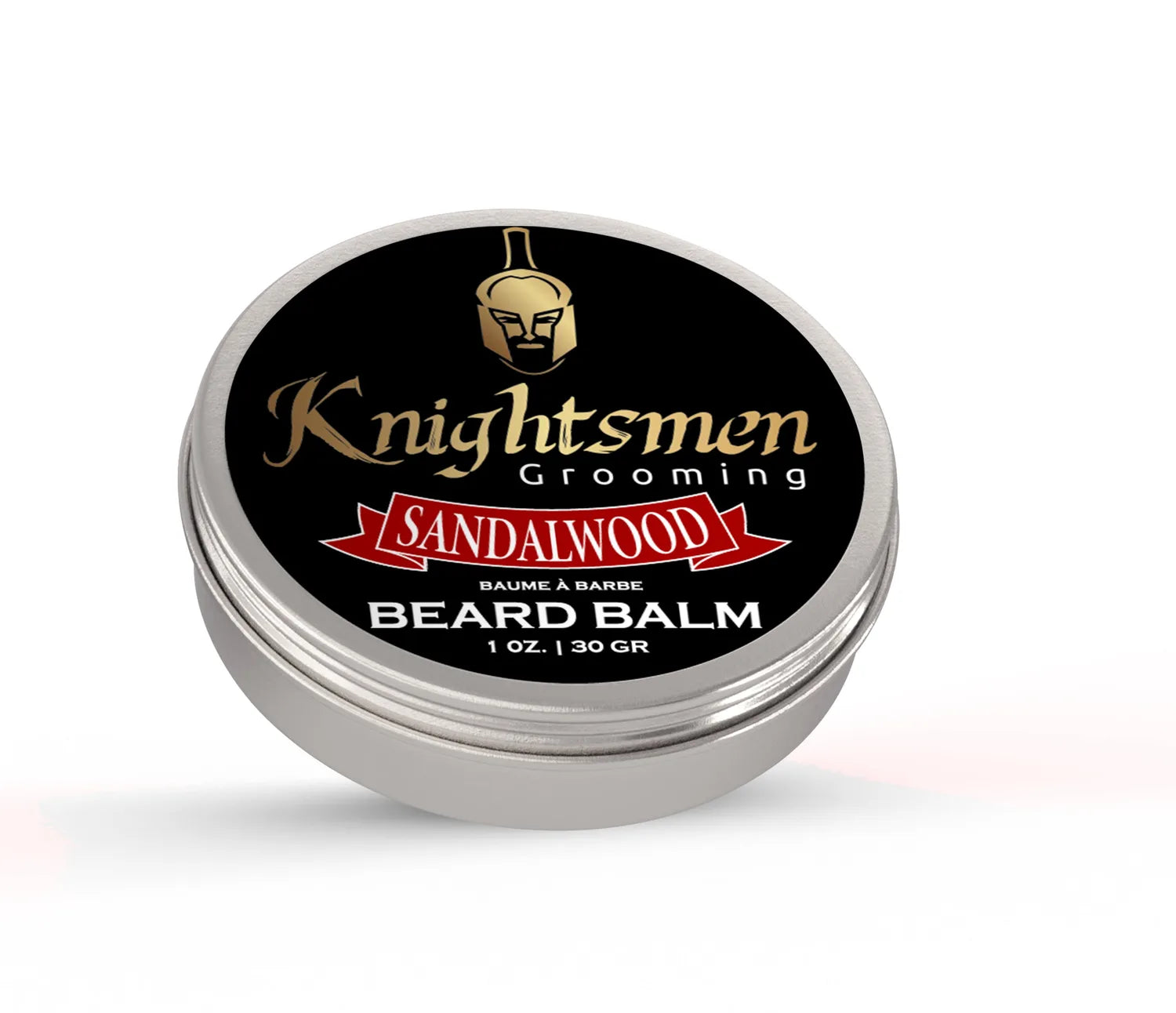 Organic Sandalwood beard balm in closed 1 oz tin by Knightsmen Grooming