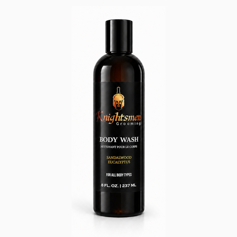 Organic sandalwood and eucalyptus body wash for men by Knightsmen Grooming
