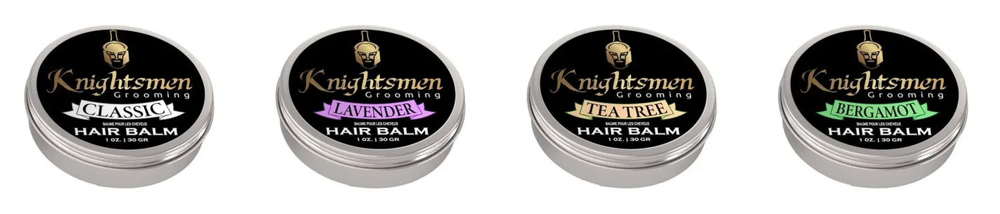 Bergamot hair balm size options — 1 oz, 2 oz, and 4 oz tins by Knightsmen Grooming