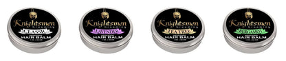 Bergamot hair balm size options — 1 oz, 2 oz, and 4 oz tins by Knightsmen Grooming