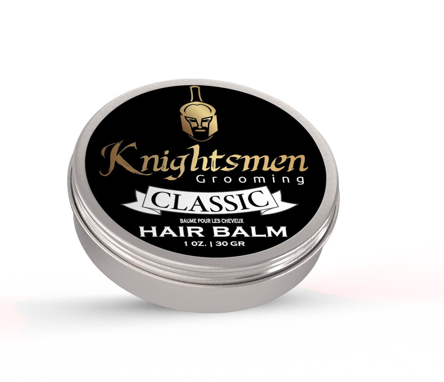 Unscented organic hair balm in closed 1 oz tin by Knightsmen Grooming