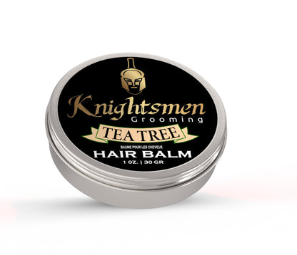 Organic Tea Tree hair balm in closed 1 oz tin by Knightsmen Grooming