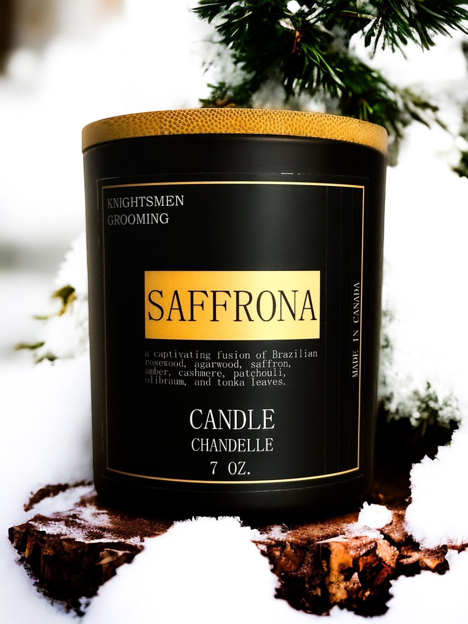 Saffrona soy candle lit in a sophisticated men's home office at night
