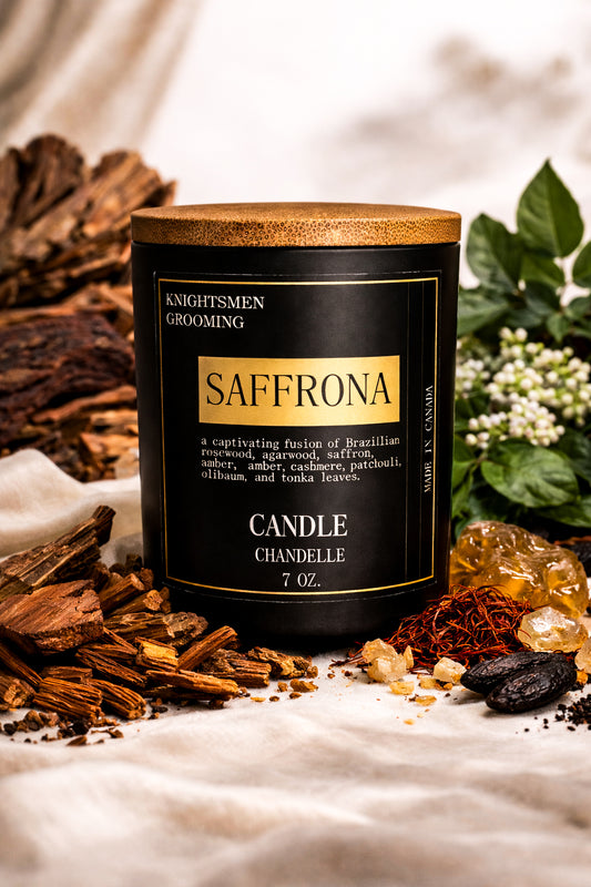 Candle labeled 'Saffrona' by Knightsmen Grooming with natural elements around it.