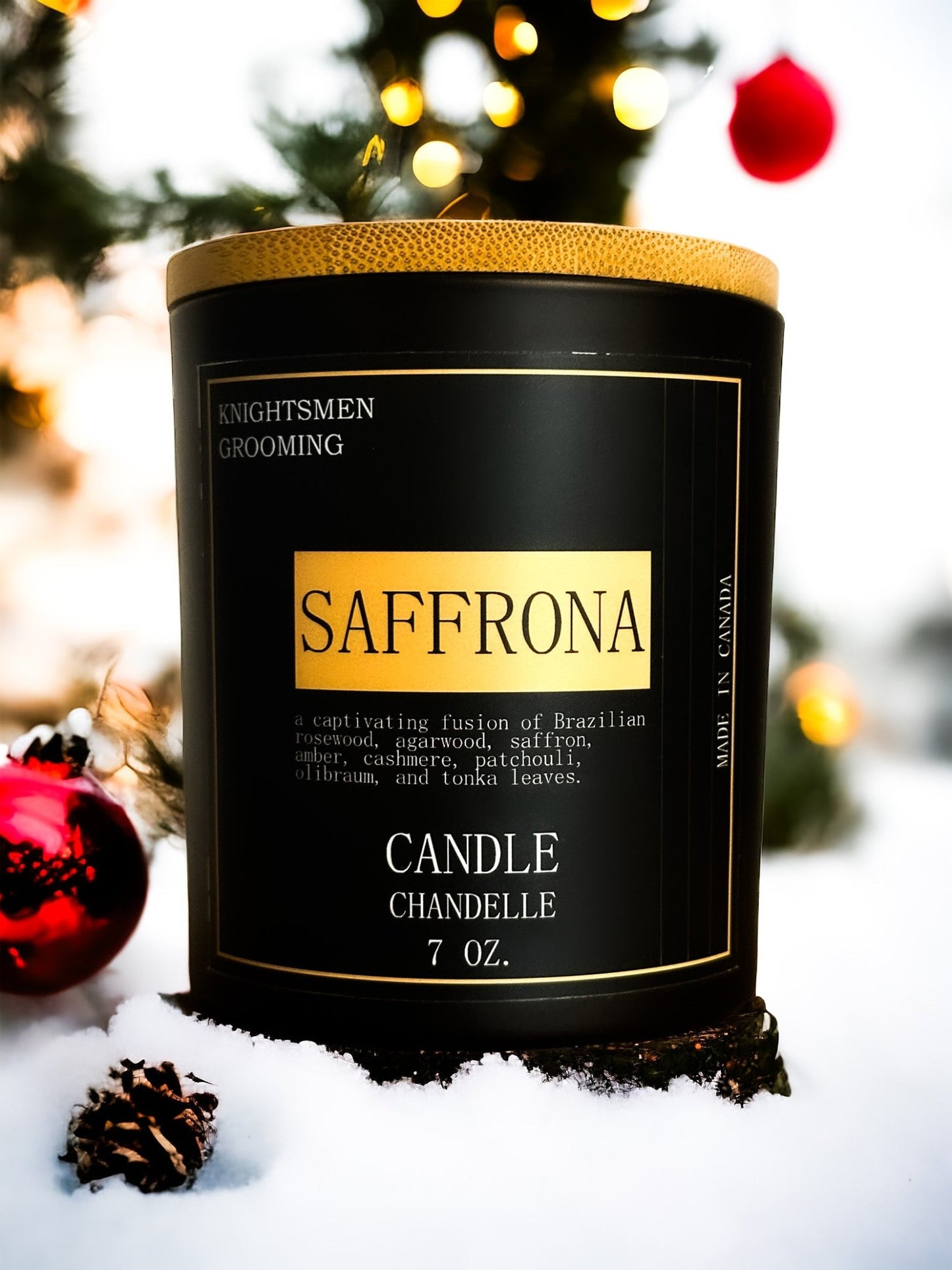 Close-up of Saffrona candle showing saffron-inspired wax color and wood wick
