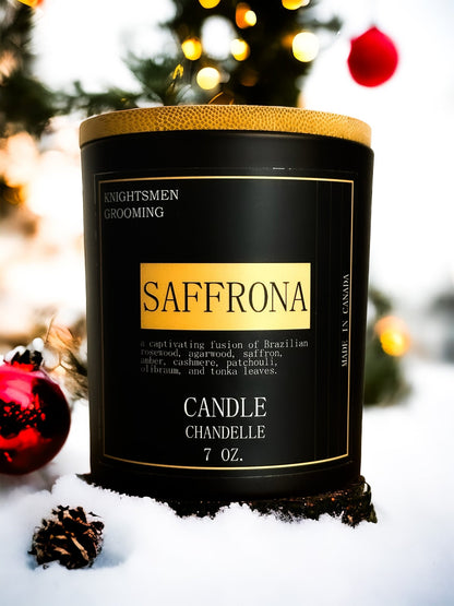 Close-up of Saffrona candle showing saffron-inspired wax color and wood wick
