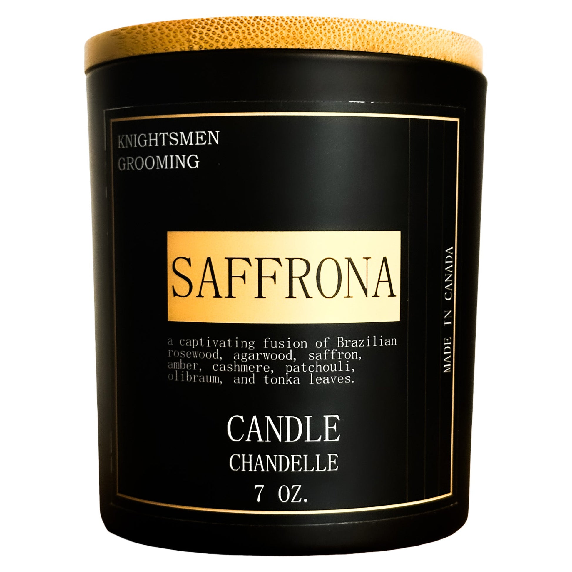 Saffrona hand-poured saffron and amber soy candle by Knightsmen Grooming