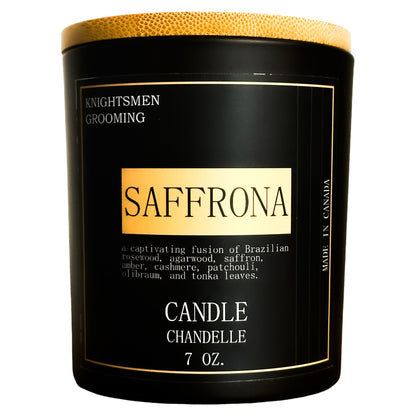 Saffrona hand-poured saffron and amber soy candle by Knightsmen Grooming