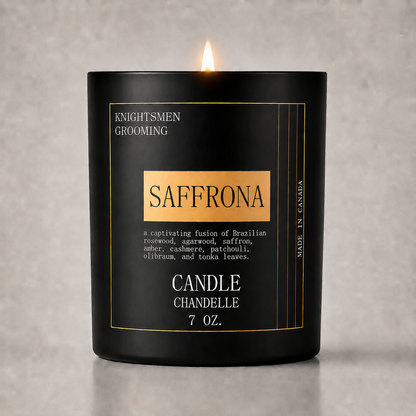 Saffrona by Knightsmen Grooming – Exotic Saffron and Amber Luxury Scented Candle, Crackling Wood Wick, 75-Hour Burn Time