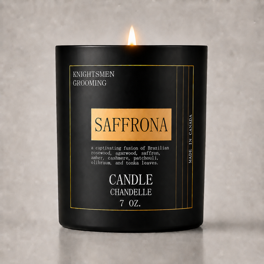 Saffrona by Knightsmen Grooming – Exotic Saffron and Amber Luxury Scented Candle, Crackling Wood Wick, 75-Hour Burn Time