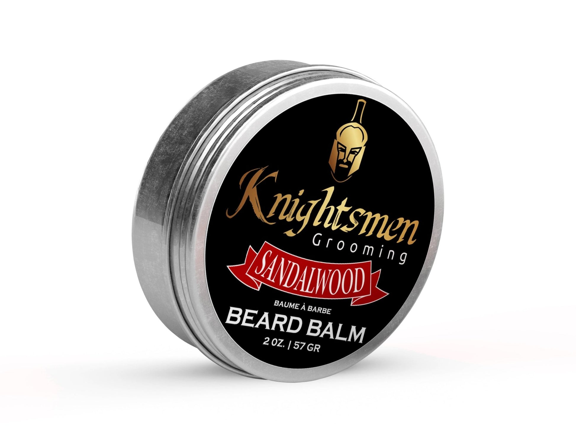 Sandalwood organic beard balm for men by Knightsmen Grooming in styling tin
