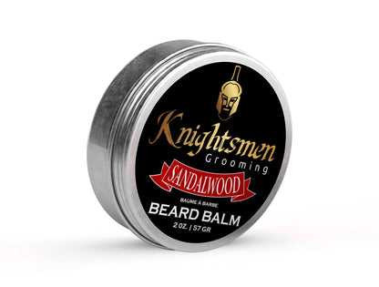 Sandalwood organic beard balm for men by Knightsmen Grooming in styling tin
