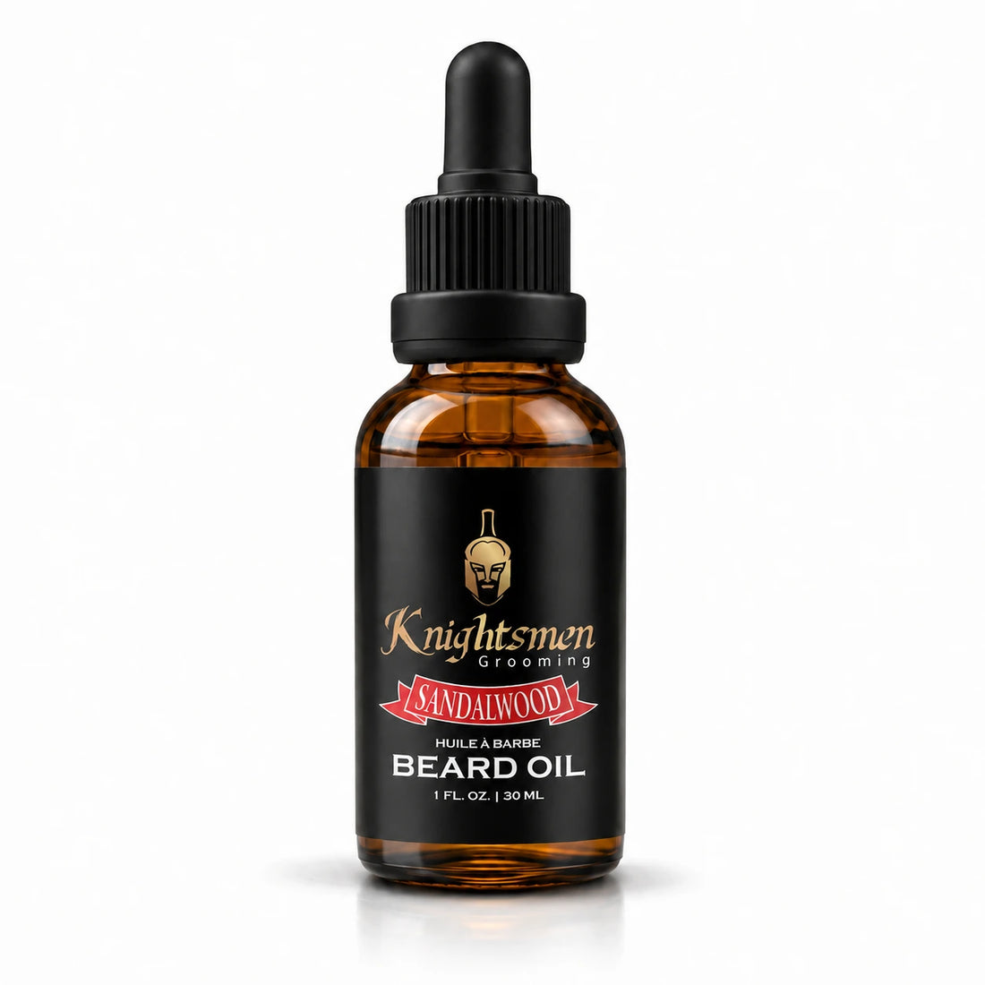 Knightsmen Grooming Organic Sandalwood Beard Oil 30ml amber bottle — warm woody scent, softens and conditions beard
